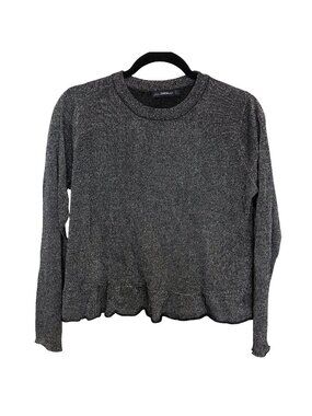 Zara Knit Metallic Gray Long Sleeve Ruffled Hem Top M